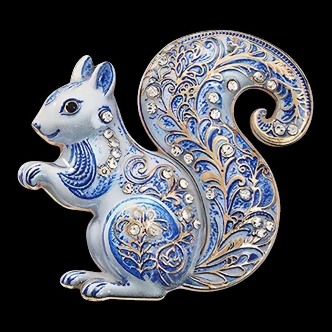 Eichhörnchen Brosche blau silber schwarzer Hintergrund Frontansicht