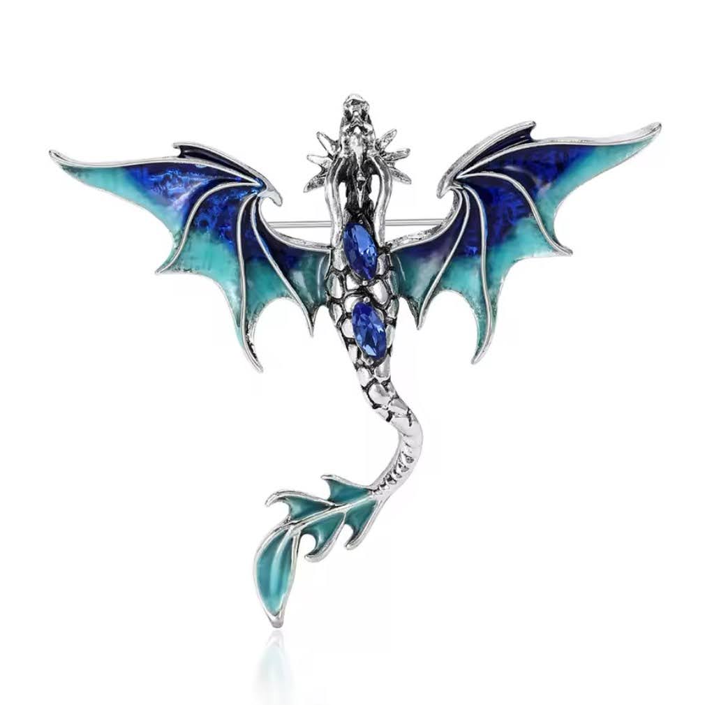 Brosche fliegender Drache blau-silberfarben