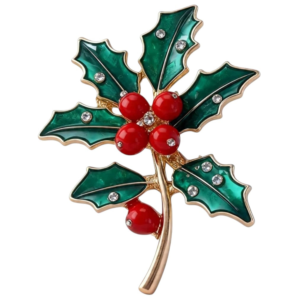 Weihnachtliche Stechpalmen-Brosche mit roten Beeren