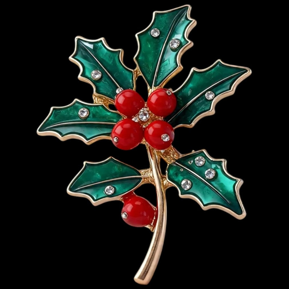 Weihnachtliche Stechpalmen-Brosche mit roten Beeren
