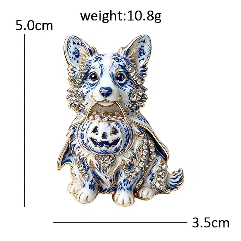 Halloween-Brosche Corgi Porzellan-Stil Blau-Weiß – Maßangaben 5,0 x 3,5 cm, 10,8 g