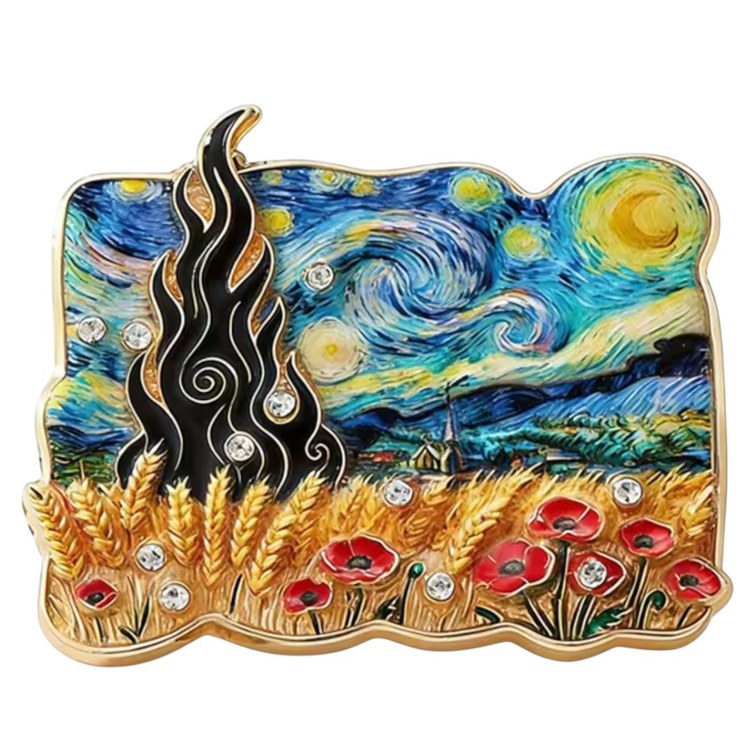 Van Gogh Sternennacht Brosche Mohnfeld Weizenfeld Emaille Strass weißer Hintergrund