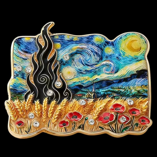 Van Gogh Sternennacht Brosche Mohnfeld Weizenfeld Emaille Strass schwarzer Hintergrund