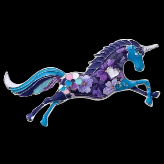 Einhorn-Brosche mit Herzmotiv in Lila und Türkis