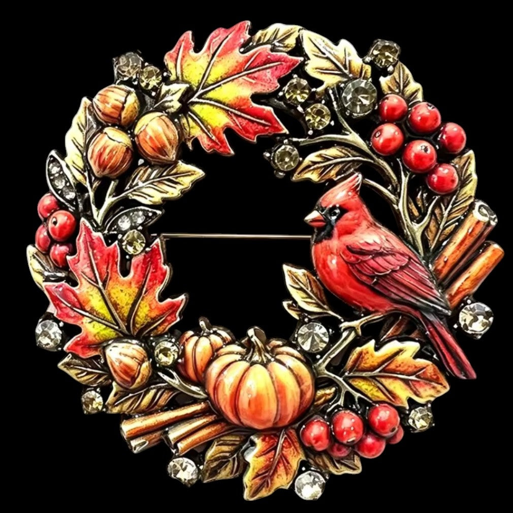 Herbstkranz-Brosche Kardinalvogel Herbst-Bunt – schwarzer Hintergrund