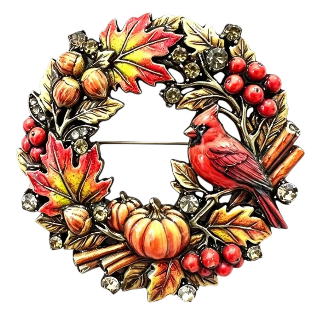 Herbstkranz-Brosche Kardinalvogel Herbst-Bunt – weißer Hintergrund