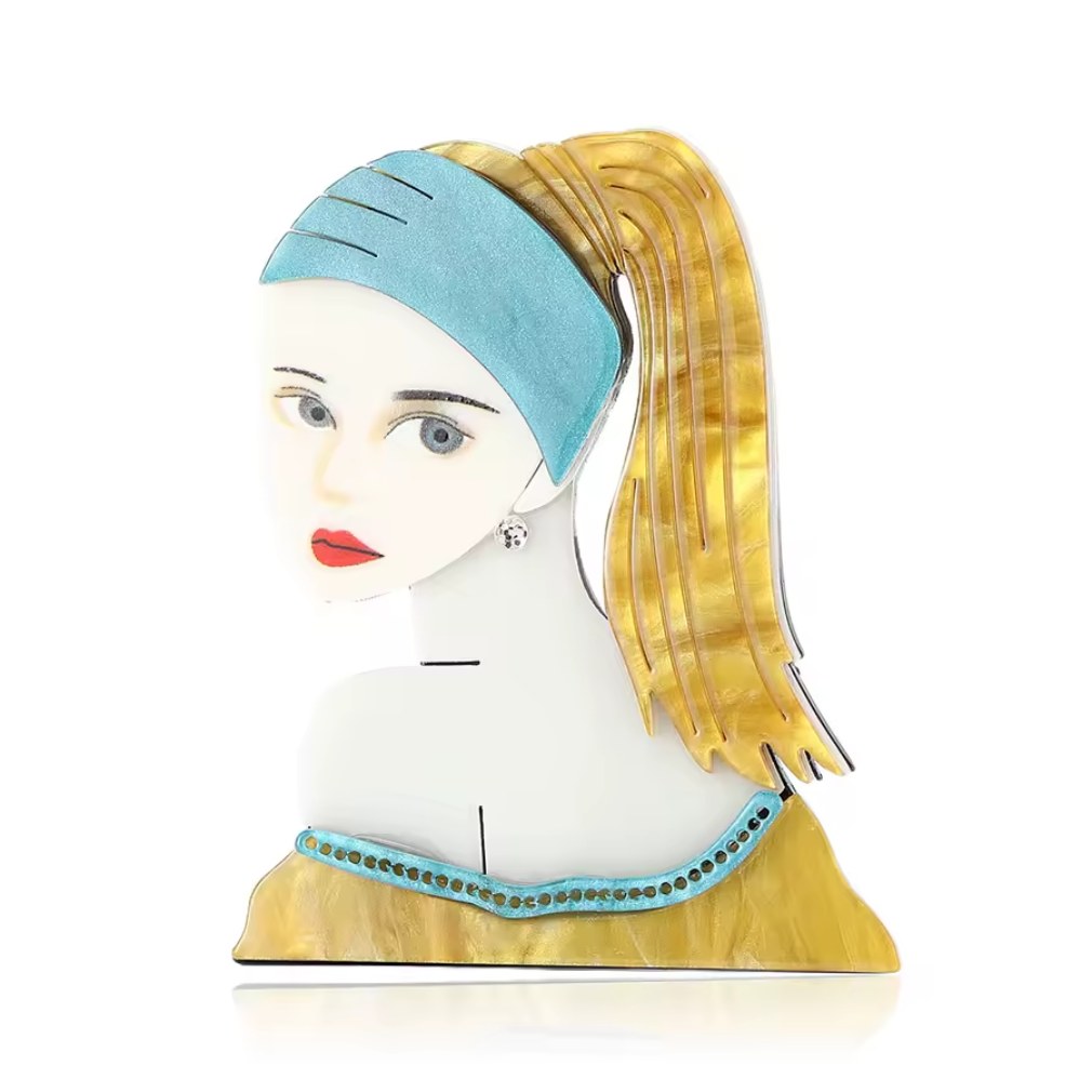 Acryl Brosche Kunstmotiv "Das Mädchen mit den Perlenohringen"