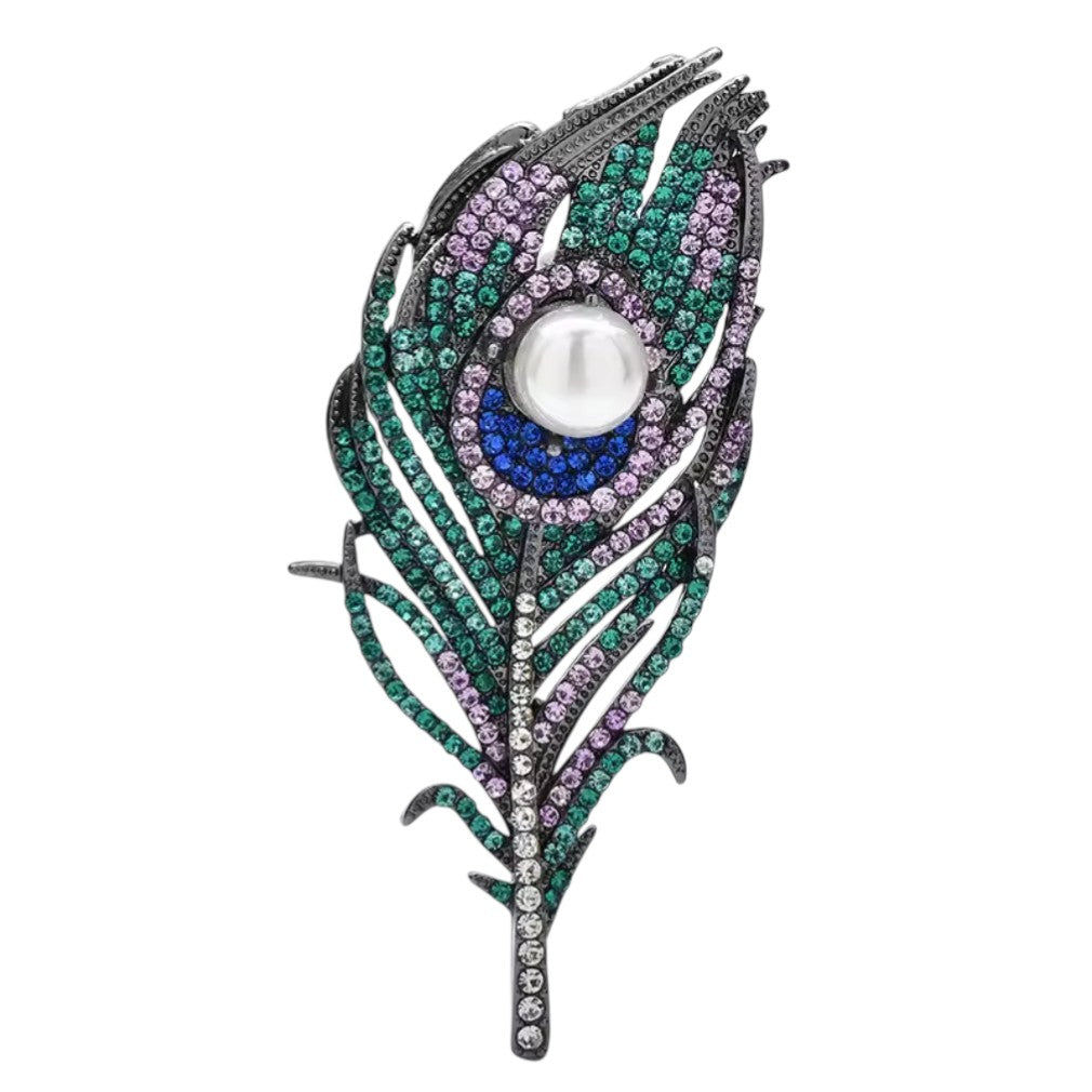 Stillvolle Pfauenfeder-Brosche mit Kunstperle und Strass 8,5 cm