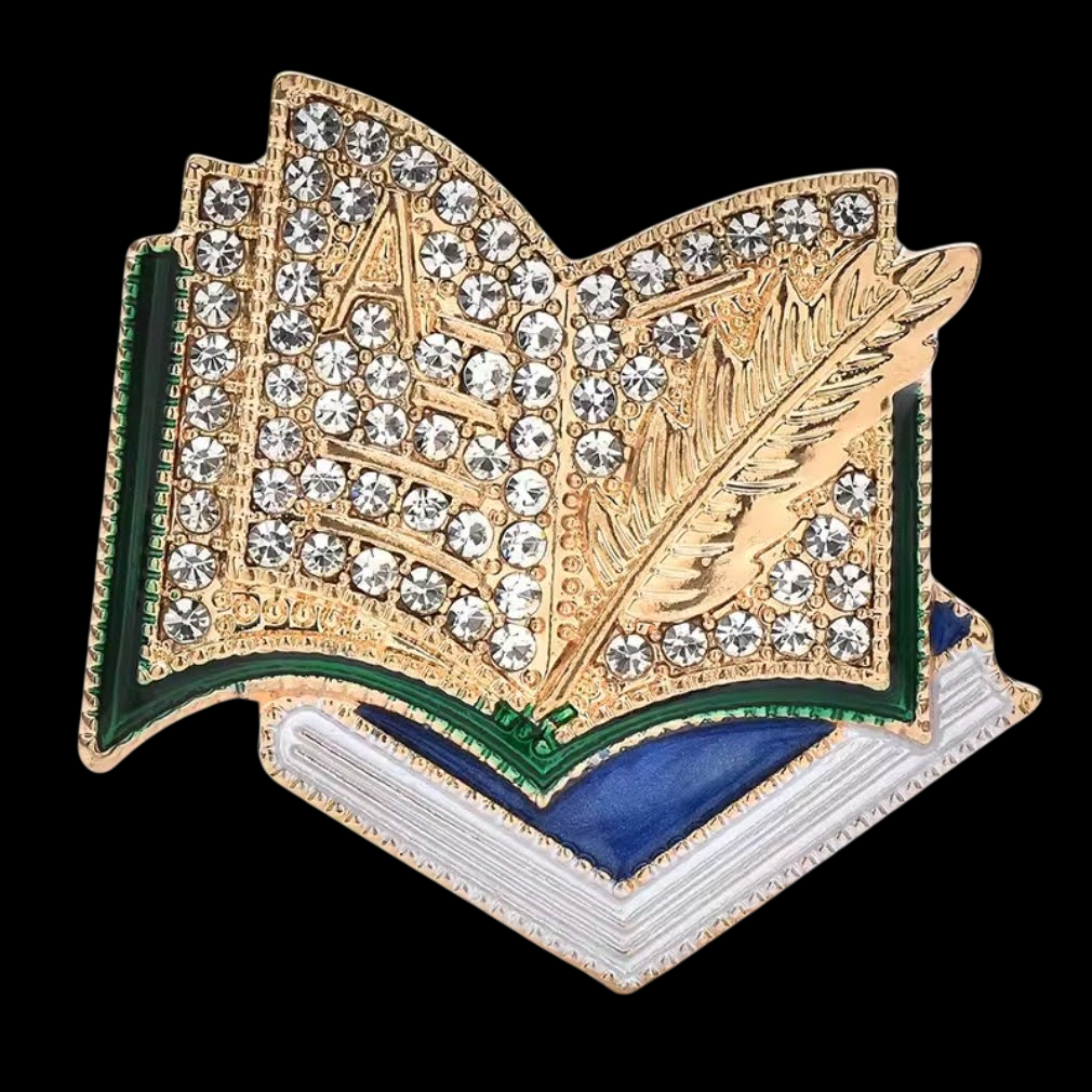 Nostalgische Buch Brosche mit Feder mit Emaille und Strass