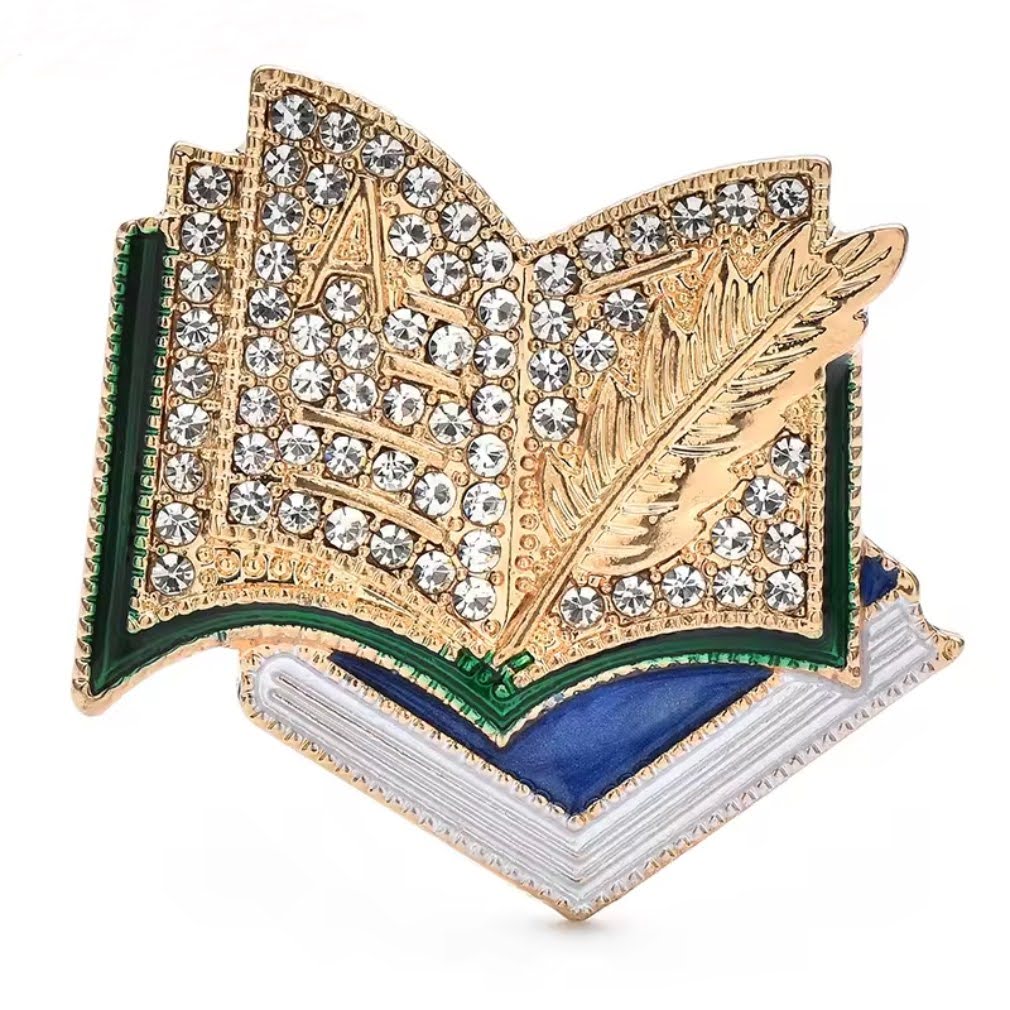 Nostalgische Buch Brosche mit Feder mit Emaille und Strass