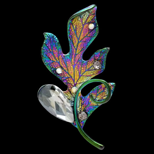 Schimmernde Blatt-Brosche Regenbogen mit Strass