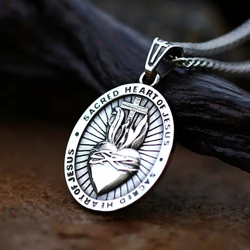 Ovale Halskette mit Anhänger vintage "Sacred Heart of Jesus"