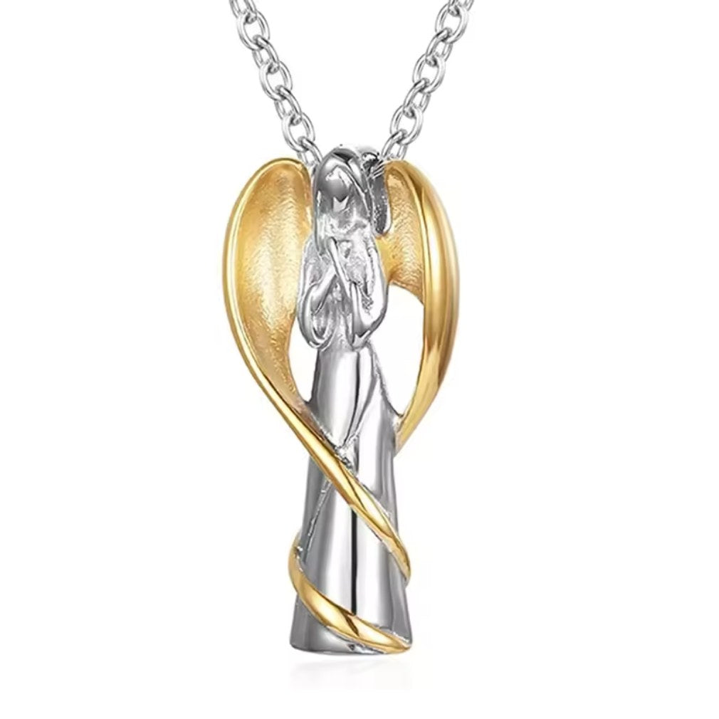 Urnen-Asche Halskette "Betender Engel" aus Edelstahl silber-gold
