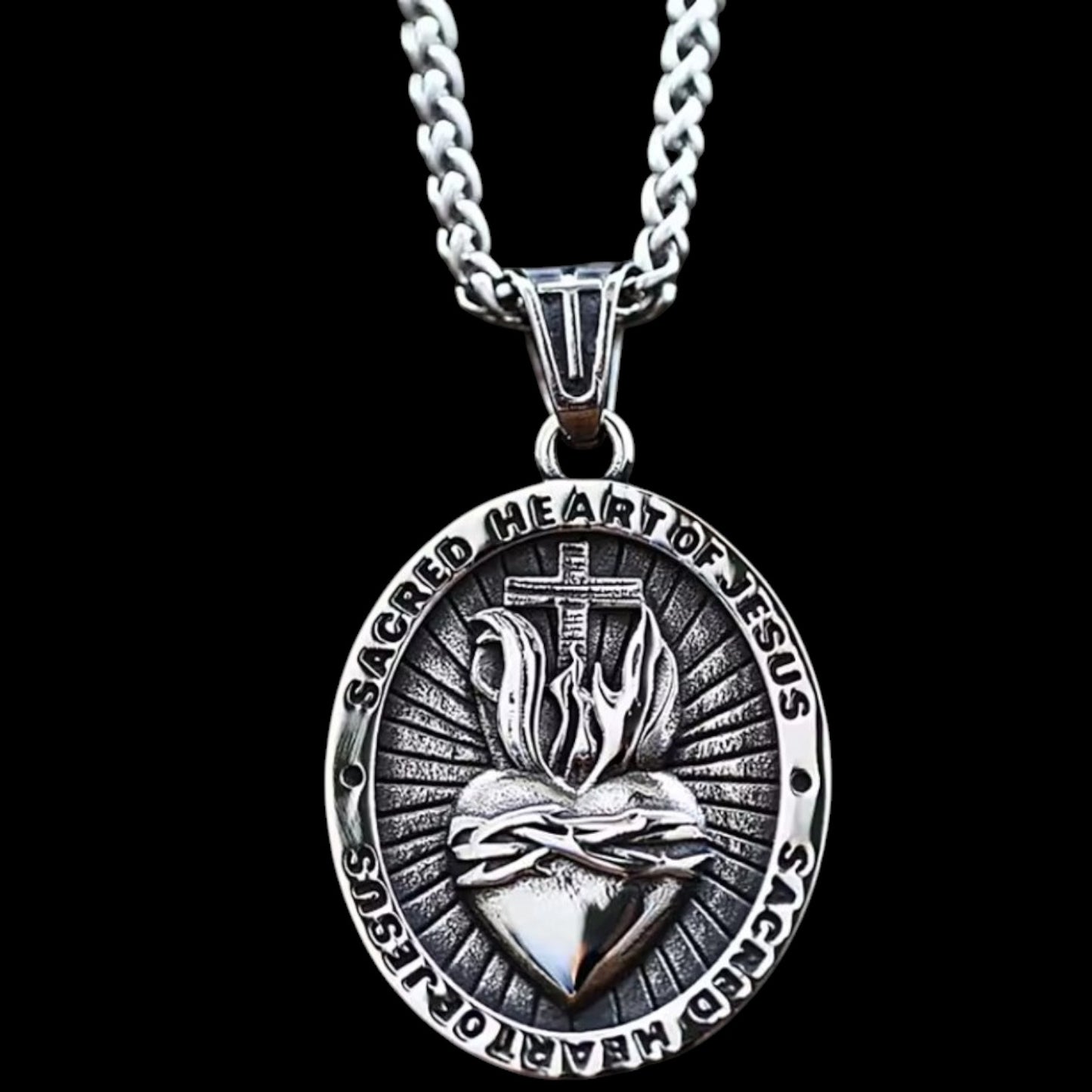 Ovale Halskette mit Anhänger vintage "Sacred Heart of Jesus"