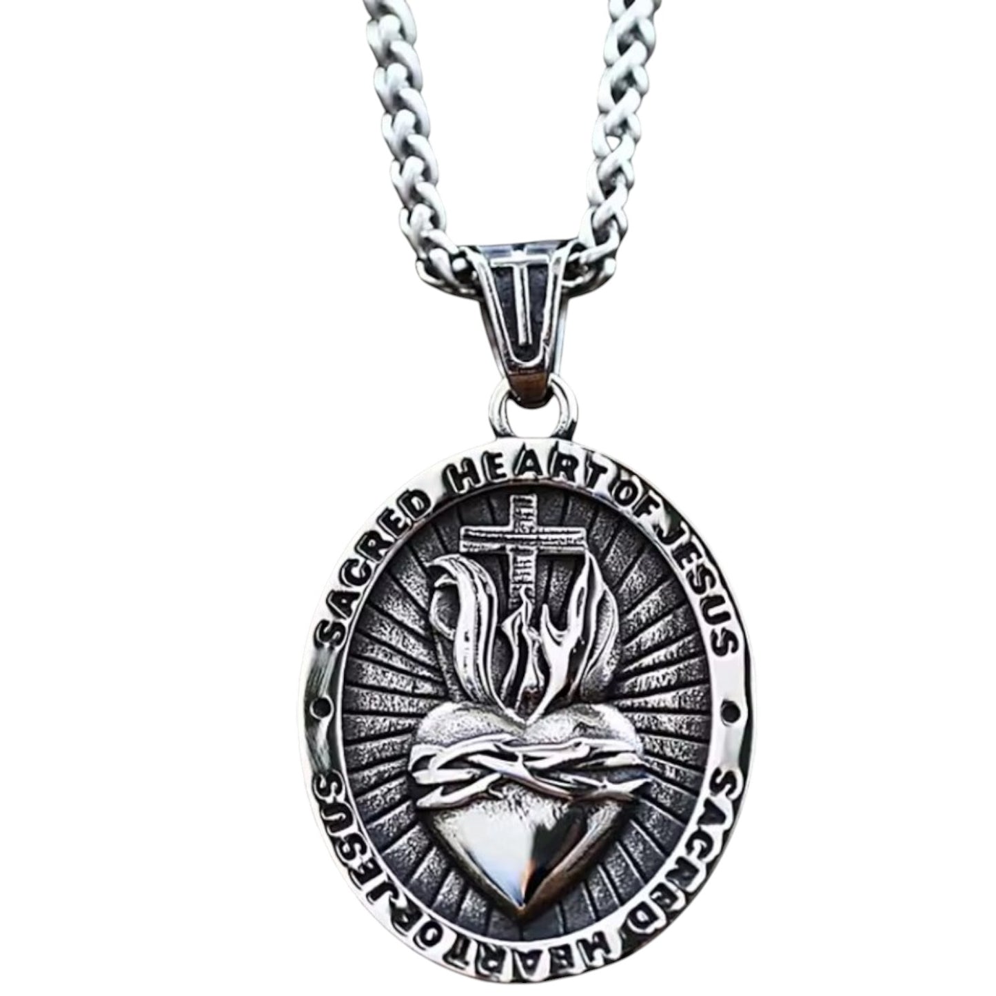 Ovale Halskette mit Anhänger vintage "Sacred Heart of Jesus"