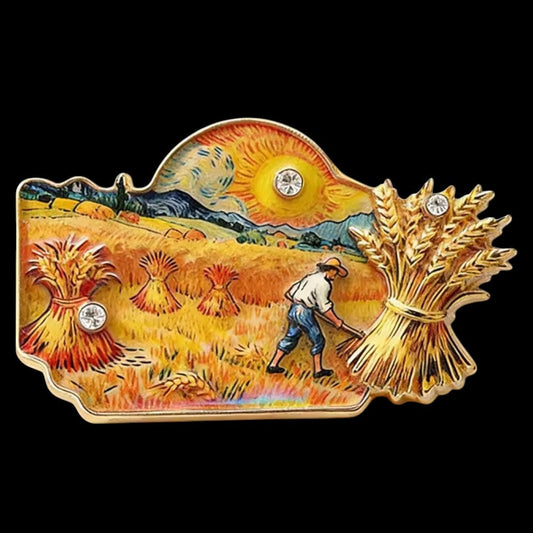 Van Gogh Ernte Brosche Weizenfeld Schnitter Emaille Strass schwarzer Hintergrund