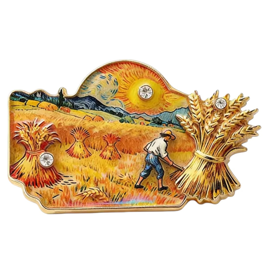 Van Gogh Ernte Brosche Weizenfeld Schnitter Emaille Strass weißer Hintergrund