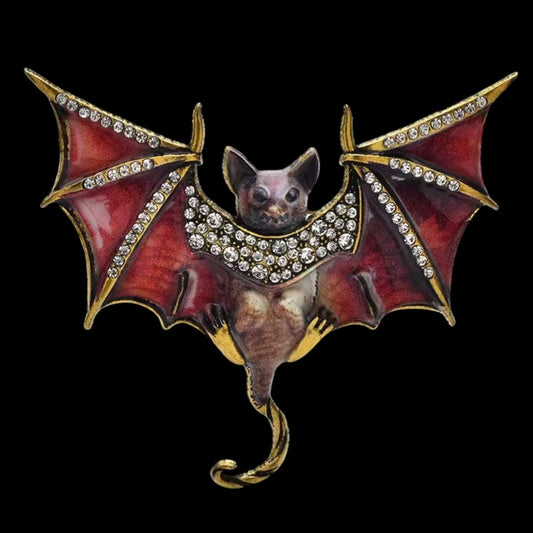 Große Fledermaus-Brosche Rot-Gold mit Strass 7 cm