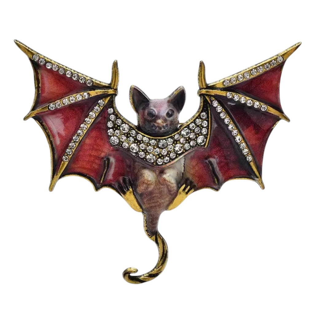 Große Fledermaus-Brosche Rot-Gold mit Strass 7 cm