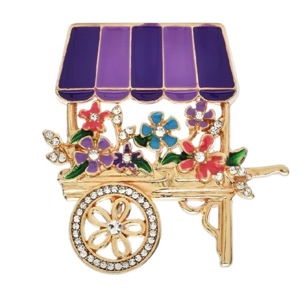 Vintage Look nostalgische Blumenwagen-Brosche Gold mit bunten Blüten