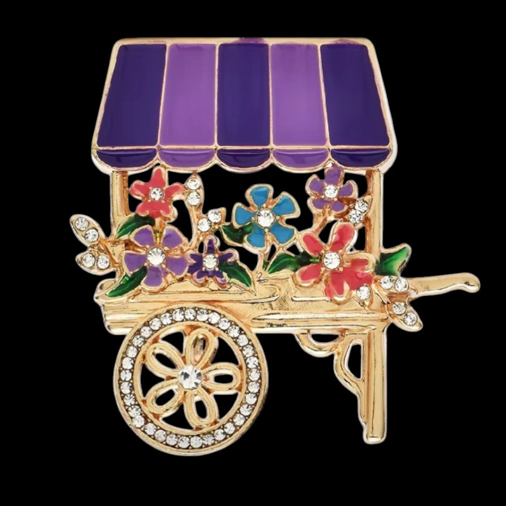 Vintage Look nostalgische Blumenwagen-Brosche Gold mit bunten Blüten