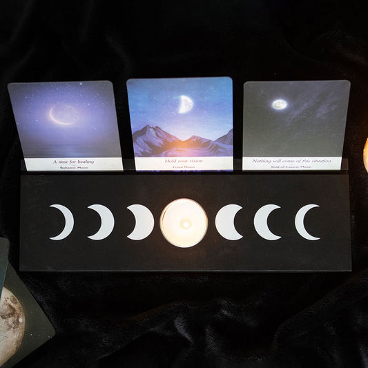 Schwarzer Teelichthalter mit Tarotkartenständer und Mondphasen