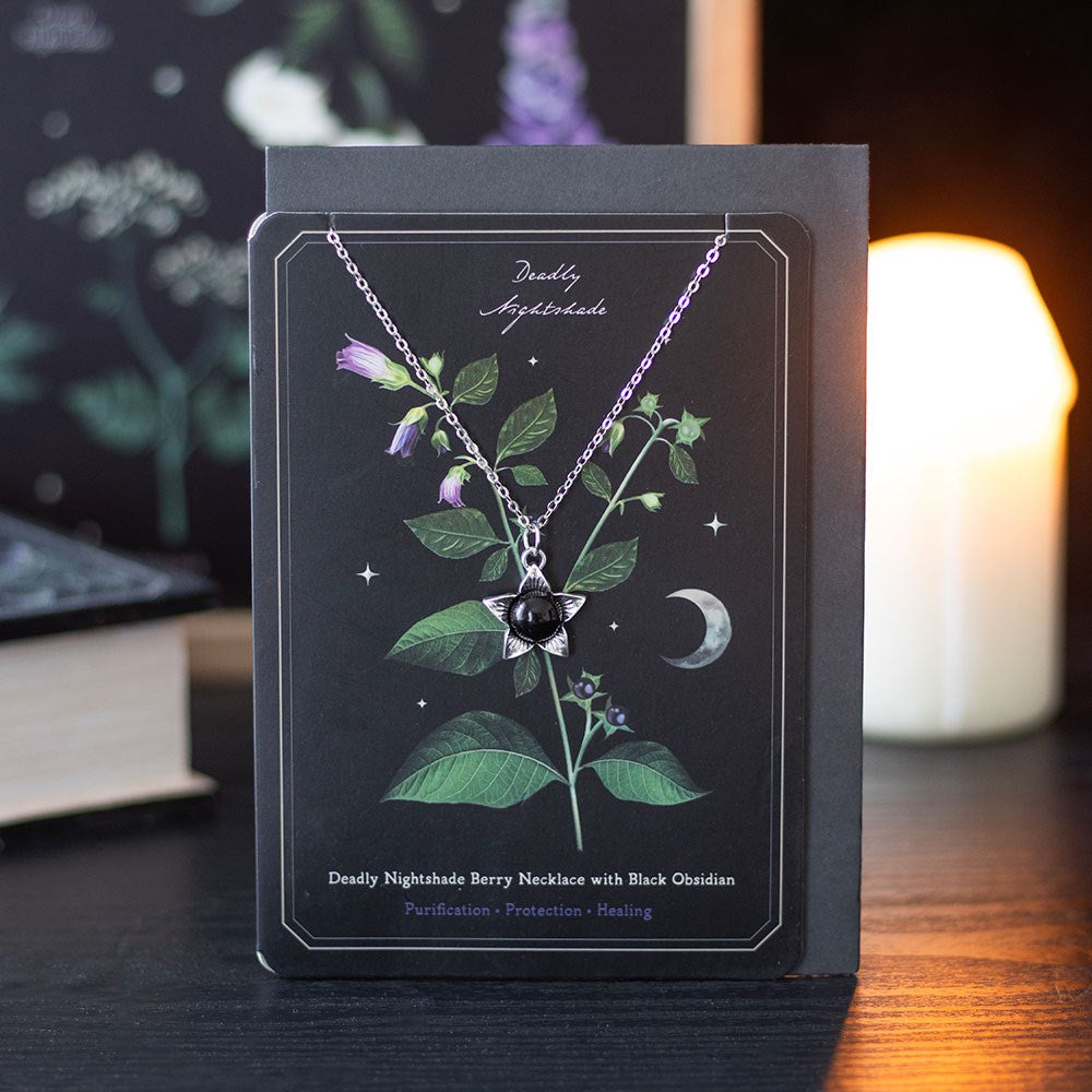"Deadly Nightshade" Gothic Halskette mit Grußkarte vintage mit Obsidianstein