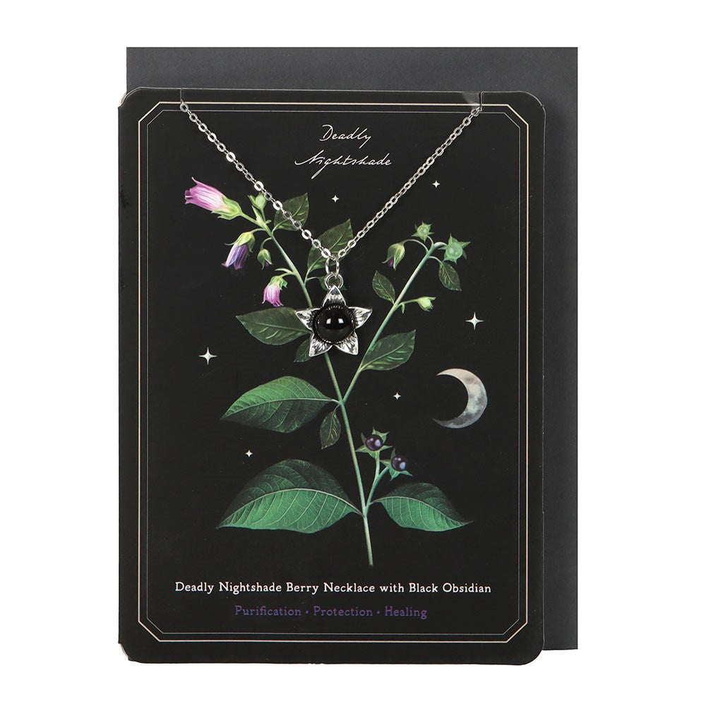 "Deadly Nightshade" Gothic Halskette mit Grußkarte vintage mit Obsidianstein