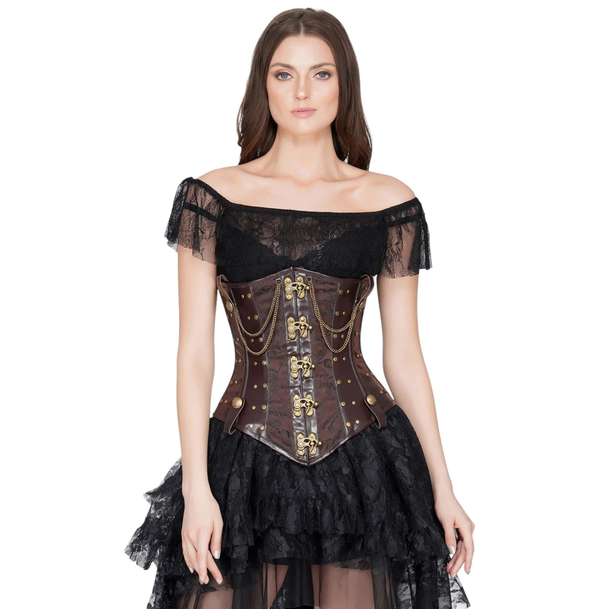 Steampunk-Unterbrustkorsett „Ciara“ braun gold mit Ketten vintage