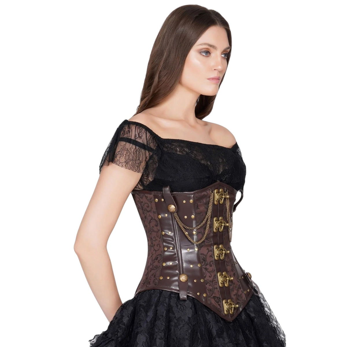 Steampunk-Unterbrustkorsett „Ciara“ braun gold mit Ketten vintage