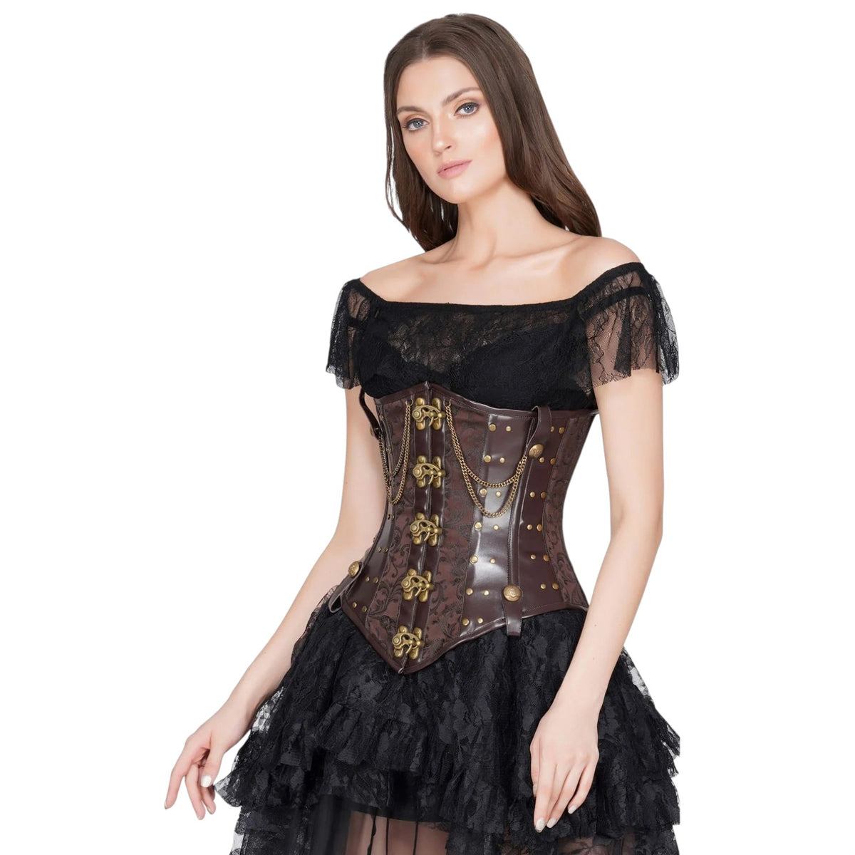 Steampunk-Unterbrustkorsett „Ciara“ braun gold mit Ketten vintage