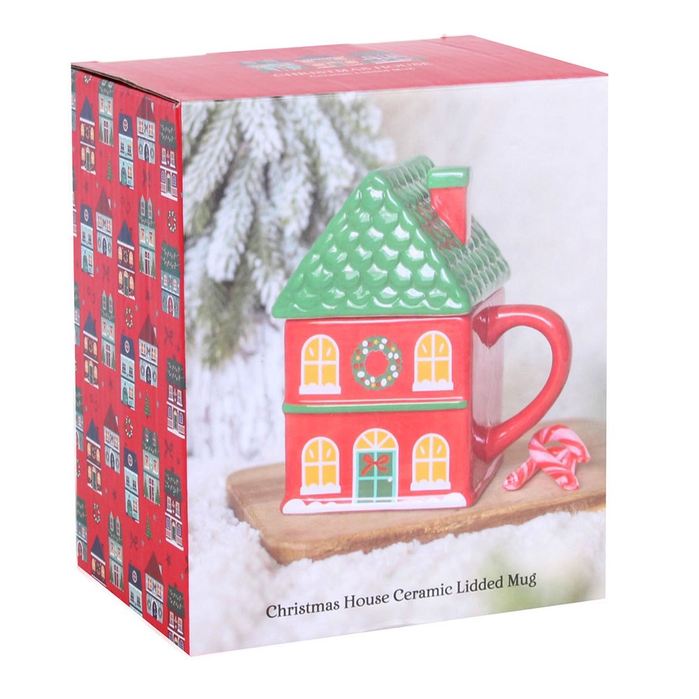 Christmas House Ceramic Lidded Mug – geöffnet mit Deckel