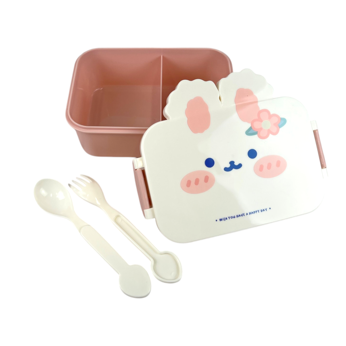 Hasen-Lunchbox mit Besteck "Wish you have a happy day" Brotdose