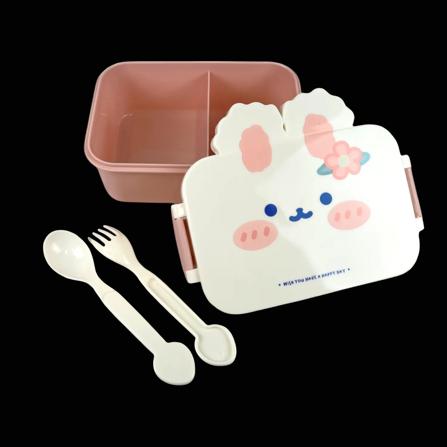 Hasen-Lunchbox mit Besteck "Wish you have a happy day" Brotdose