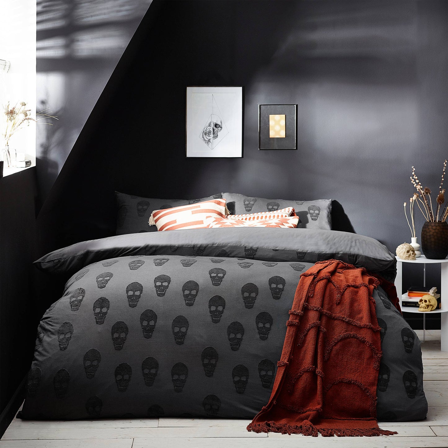 Gothic Totenkopf Bettwäsche grau-schwarz 135 x 200 cm 100 % Baumwolle