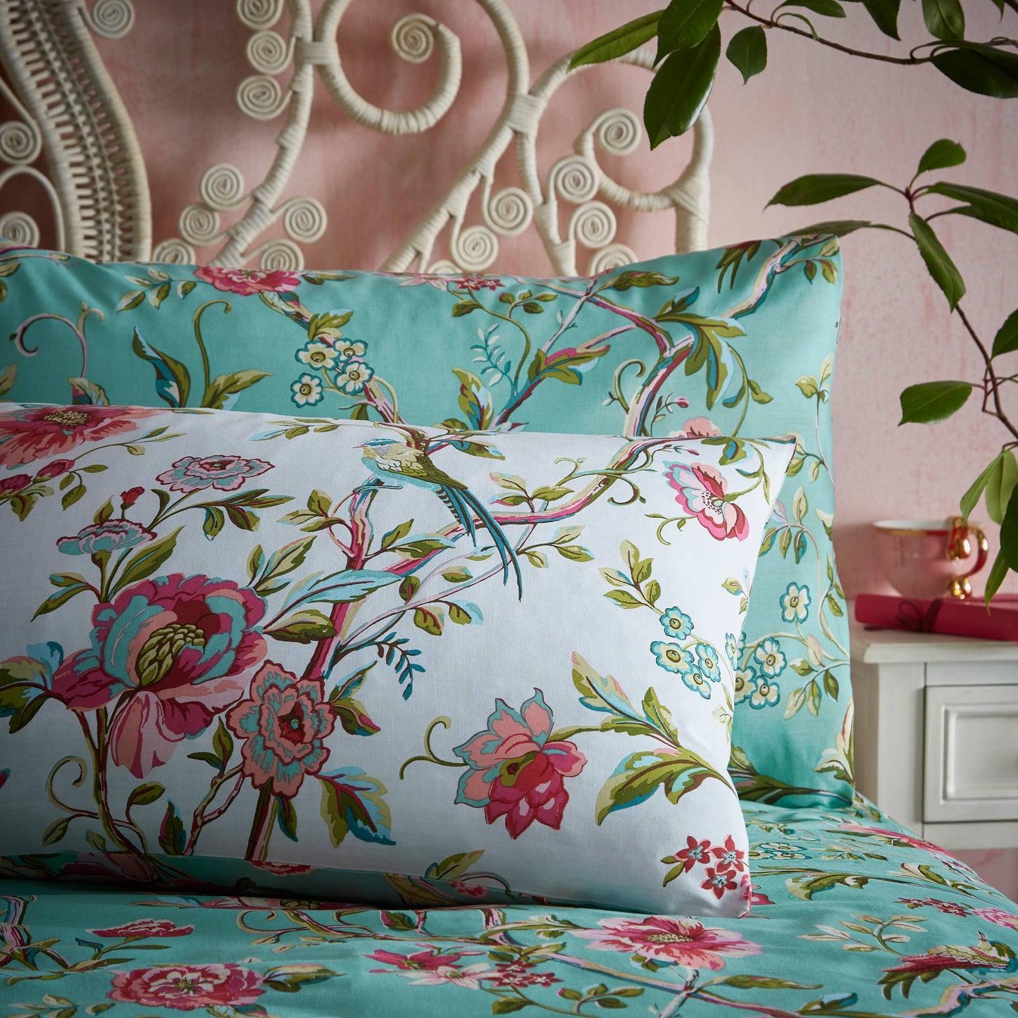 Vintage Chinoiserie Bettwäsche-Set mit nostalgischem Blumenmuster in Jade