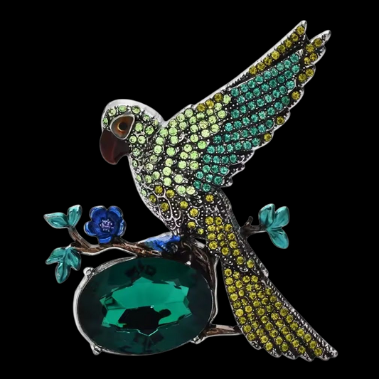 Vintage Look Brosche Vogel auf Ast in grün mit Strass