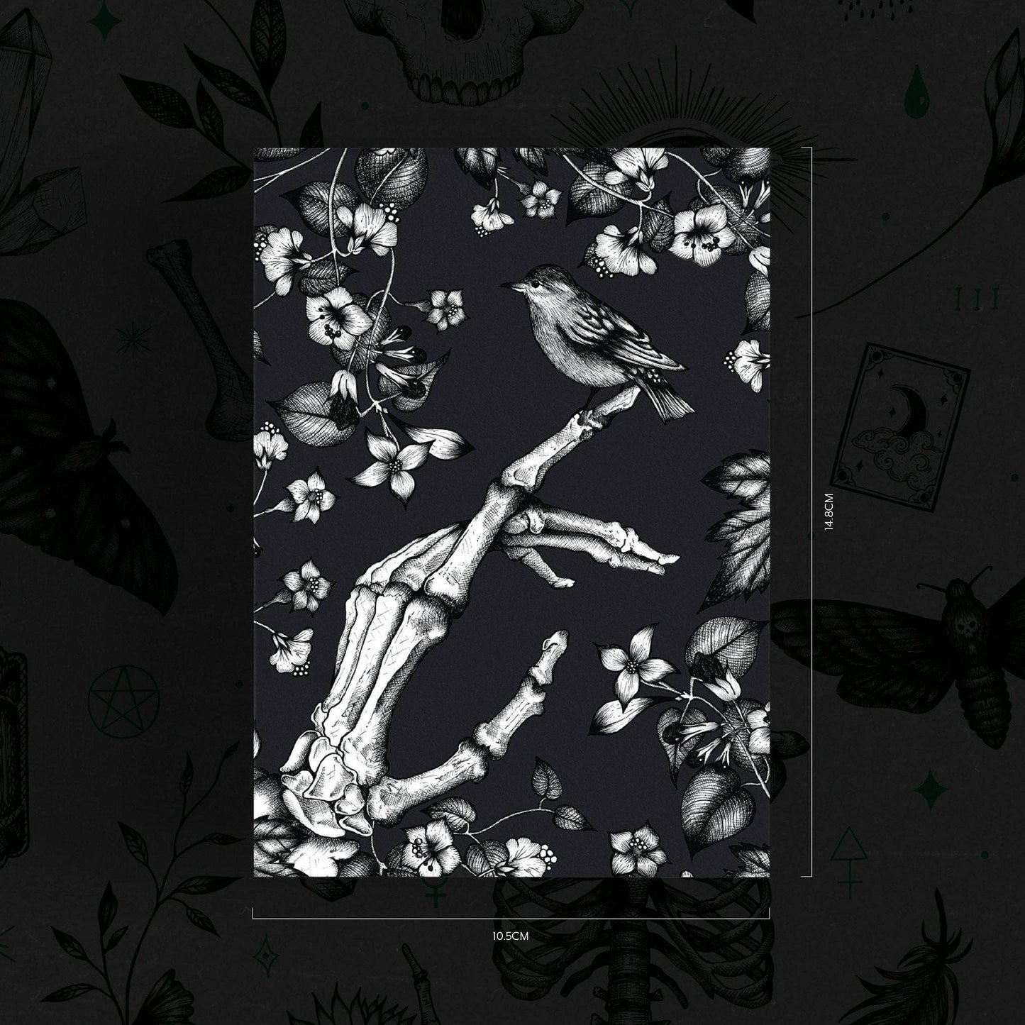 Skelett und Spatz - Grußkarte (glänzend)
