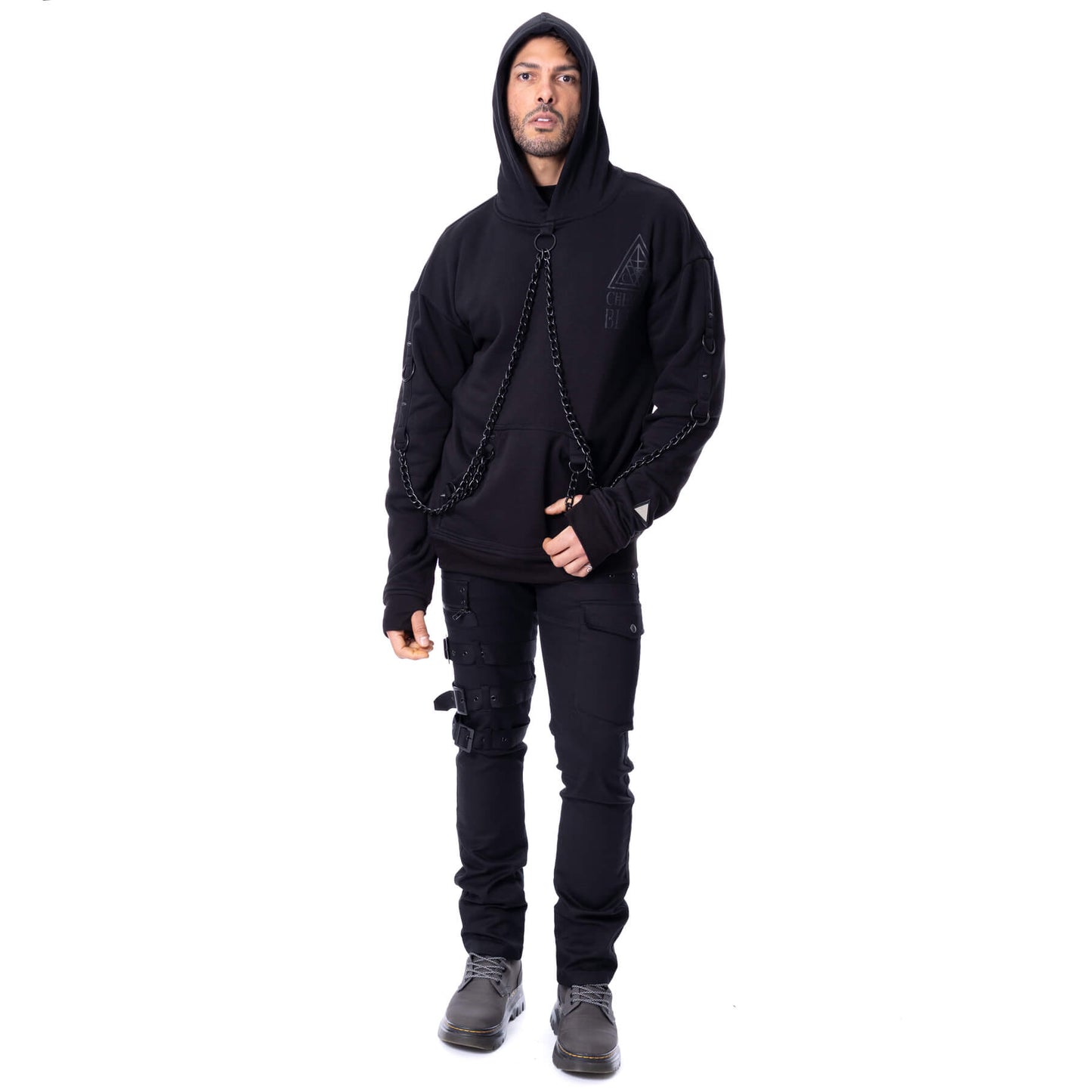 Gothic Herren Hoodie mit Ketten Schwarzdruck Skull Ash Vale Hood
