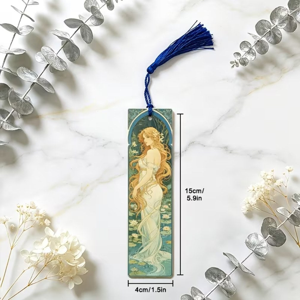 Einzelnes Lesezeichen Sommer-Motiv mit blauer Quaste und Maßangaben 15×4 cm