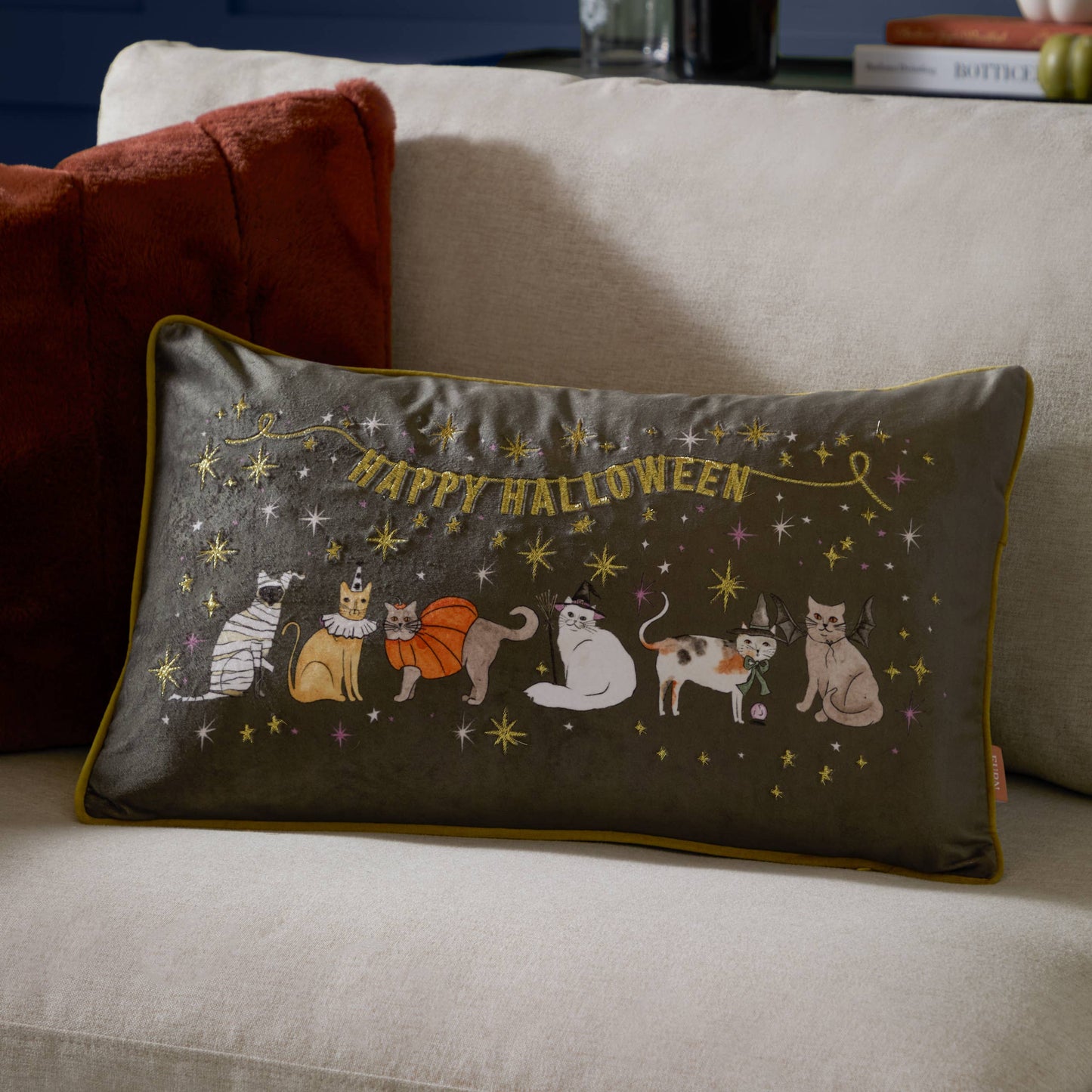 Halloween Party Samtkissen bestickt  Dekokissen Gothic 30x50 cm