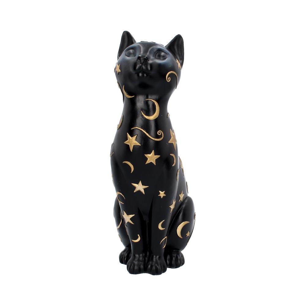 Schwarze Katzenfigur mit goldenen Sternen und Monden