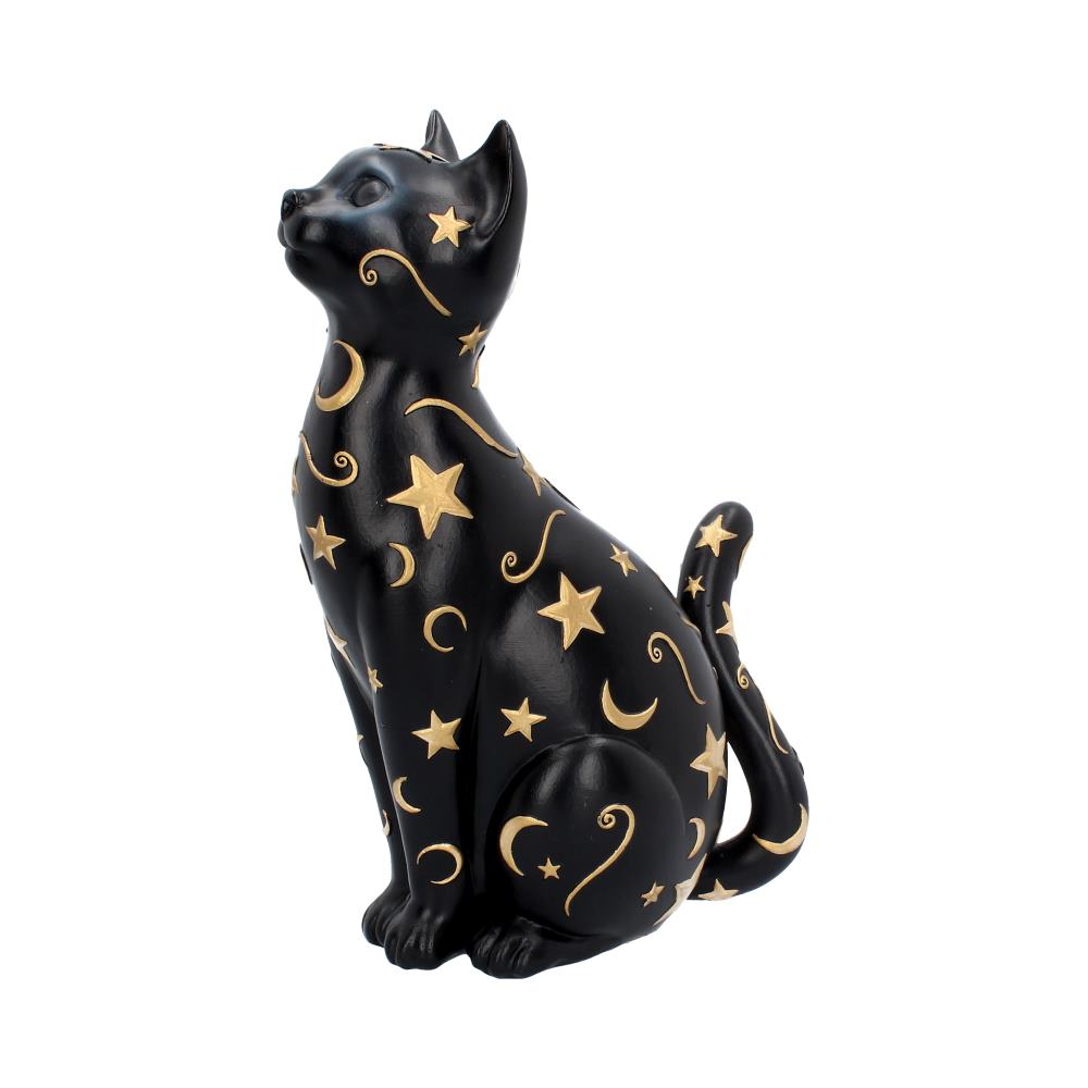 Schwarze Katzenfigur mit goldenen Sternen und Monden