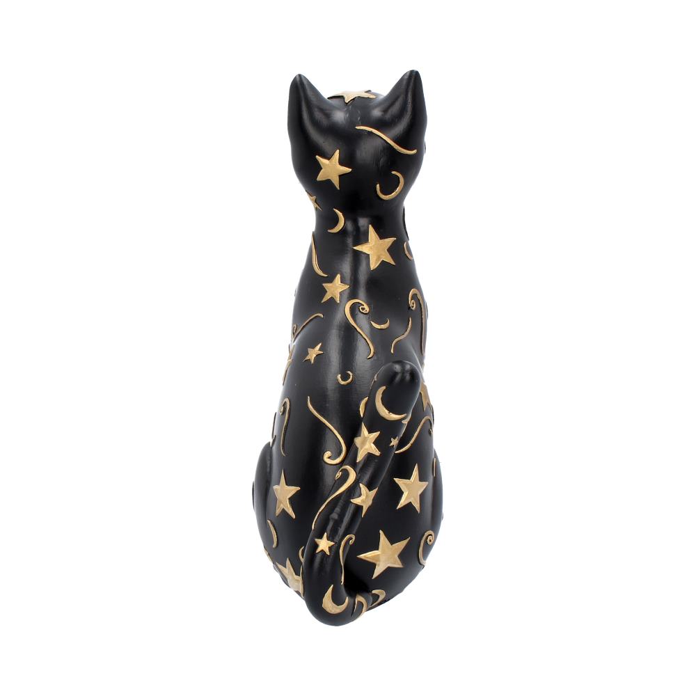 Schwarze Katzenfigur mit goldenen Sternen und Monden