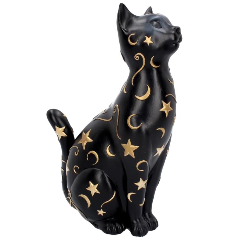Schwarze Katzenfigur mit goldenen Sternen und Monden