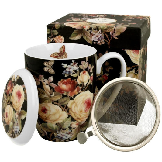 Duo Tasse vintage Blumen Warda schwarz 320 ml mit Teesieb