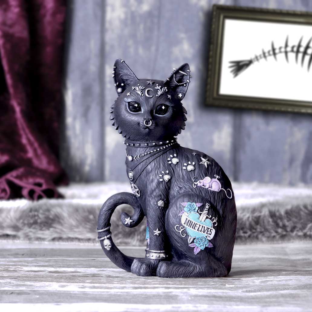 Nine Lives schwarze Dekofigur – Gothic Deko 22 cm Tattoo Katze Witchy