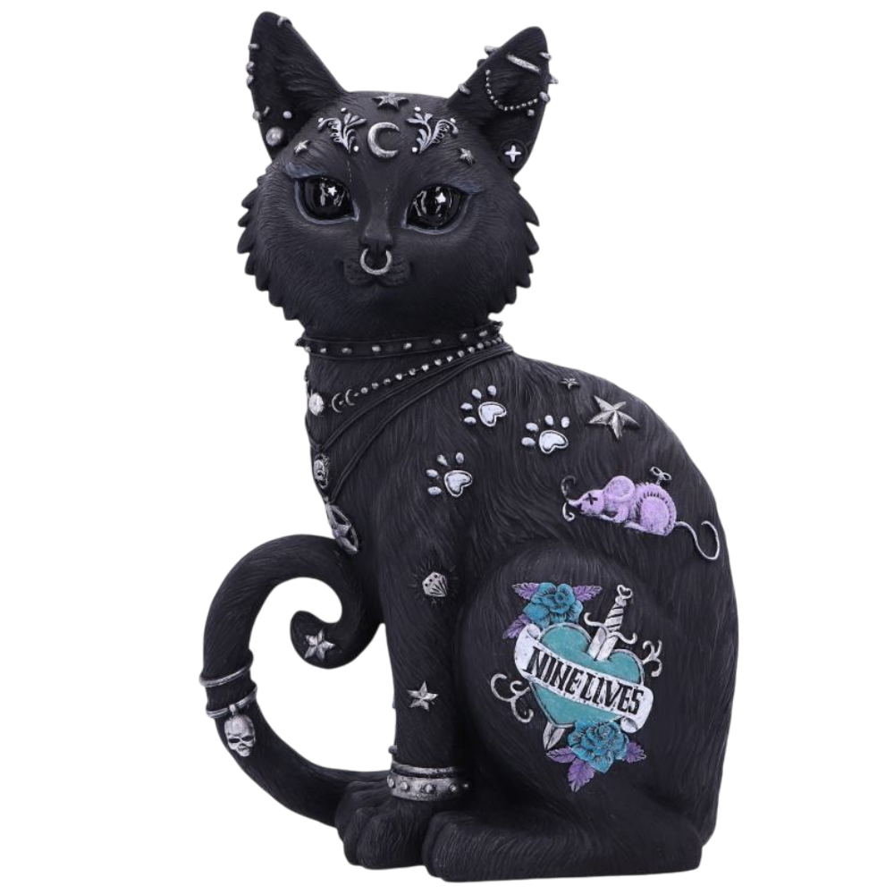 Nine Lives schwarze Dekofigur – Gothic Deko 22 cm Tattoo Katze Witchy