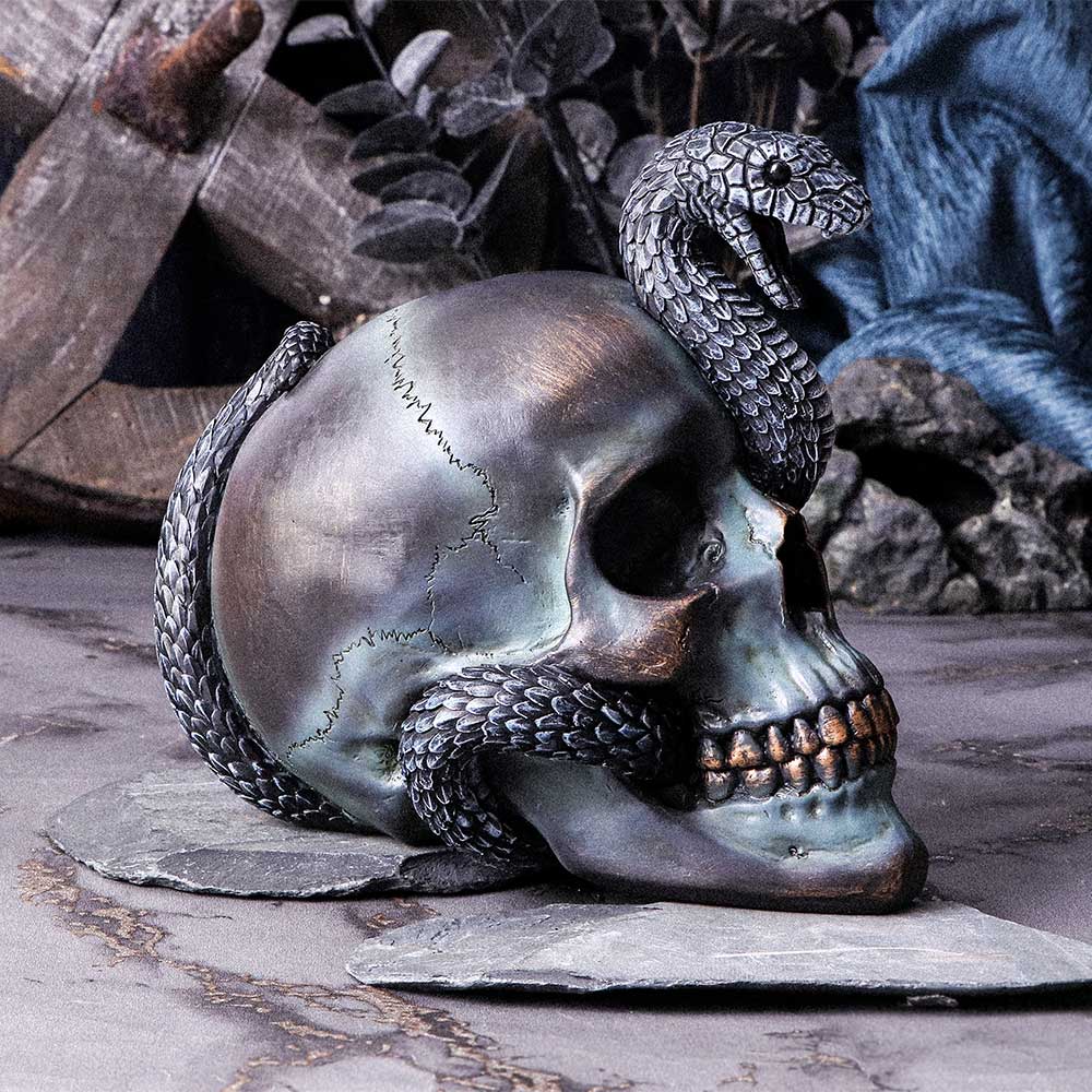 Serpentine Fate – Totenschädel mit Schlange 19 cm Gothic Dekofigur Skull