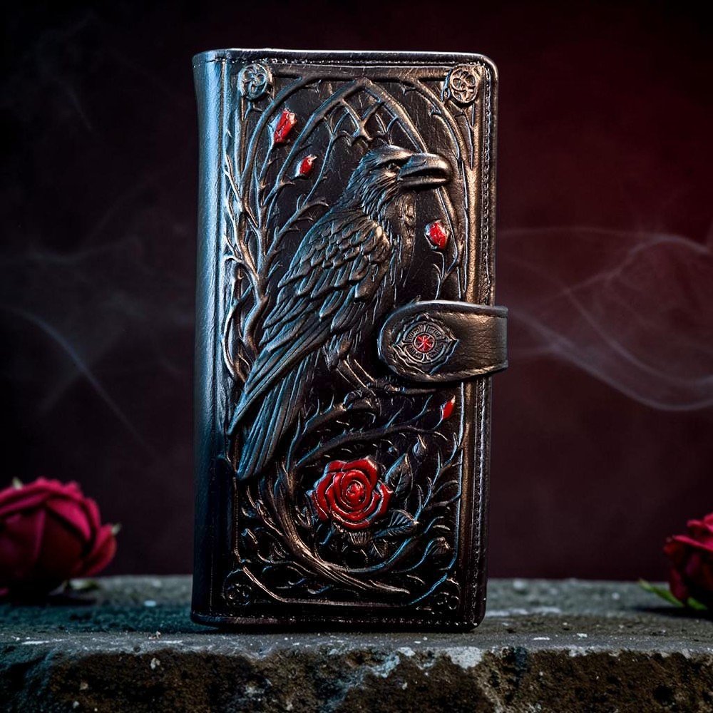 Gothic düster romantische Geldbörse Relief mit Rabenmotiv mit Rosen 18,8 cm